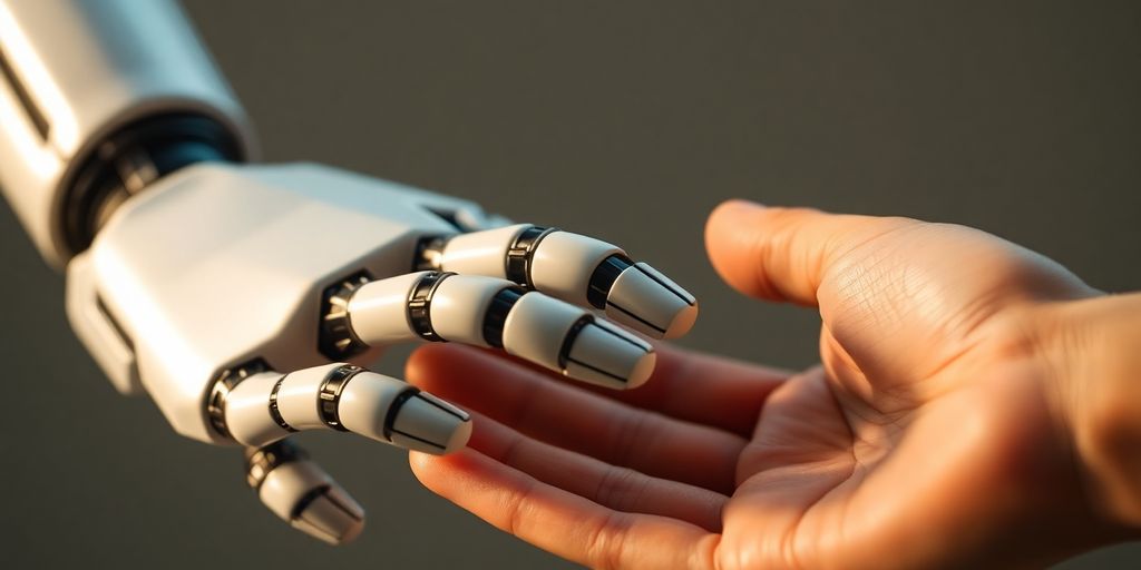 AI robot hand touching human hand.