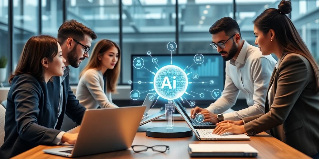 Business team collaborating with AI technology in a workspace.