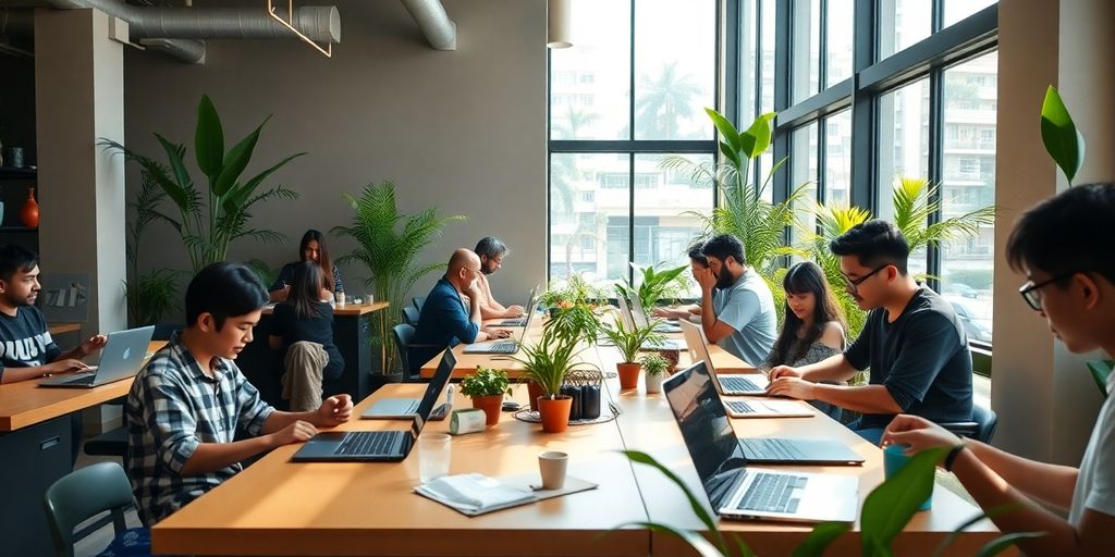 Digital nomads working in a bright Jakarta co-working space.