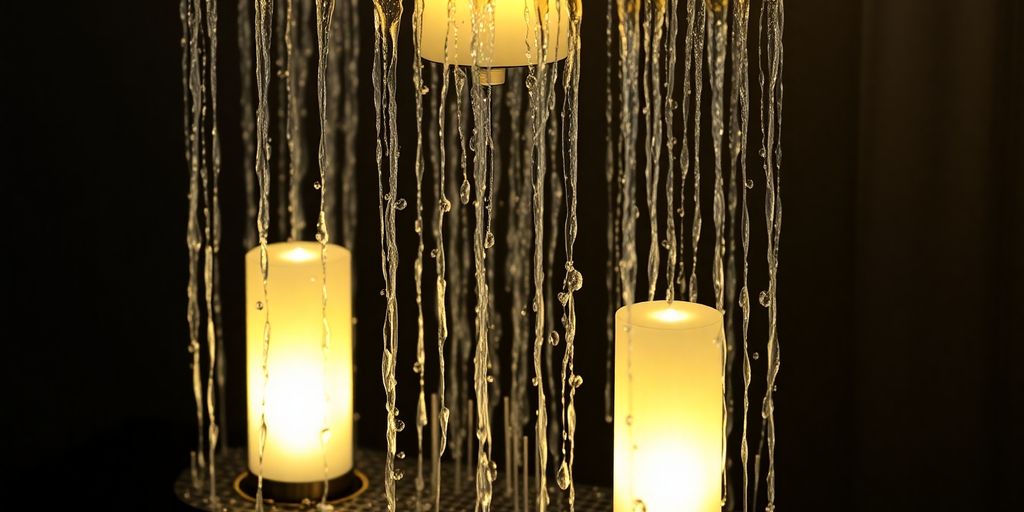 Illuminated rainfall lamp with water droplets.