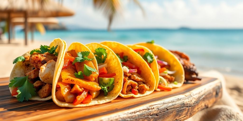Assorted tacos on a vibrant beach.
