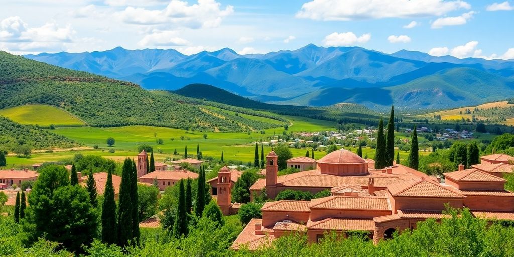 Beni Mellal mountains and traditional Moroccan architecture.