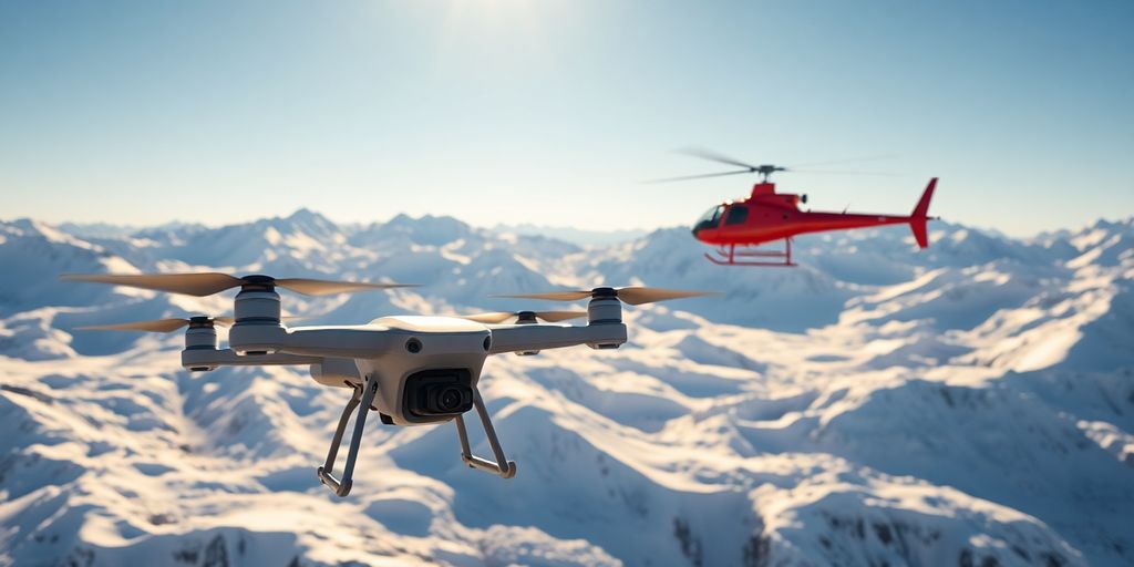 A red helicopter and a drone flying over snowy Alaskan mountains.