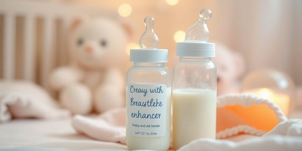 Photograph of a baby bottle with breast milk enhancer.