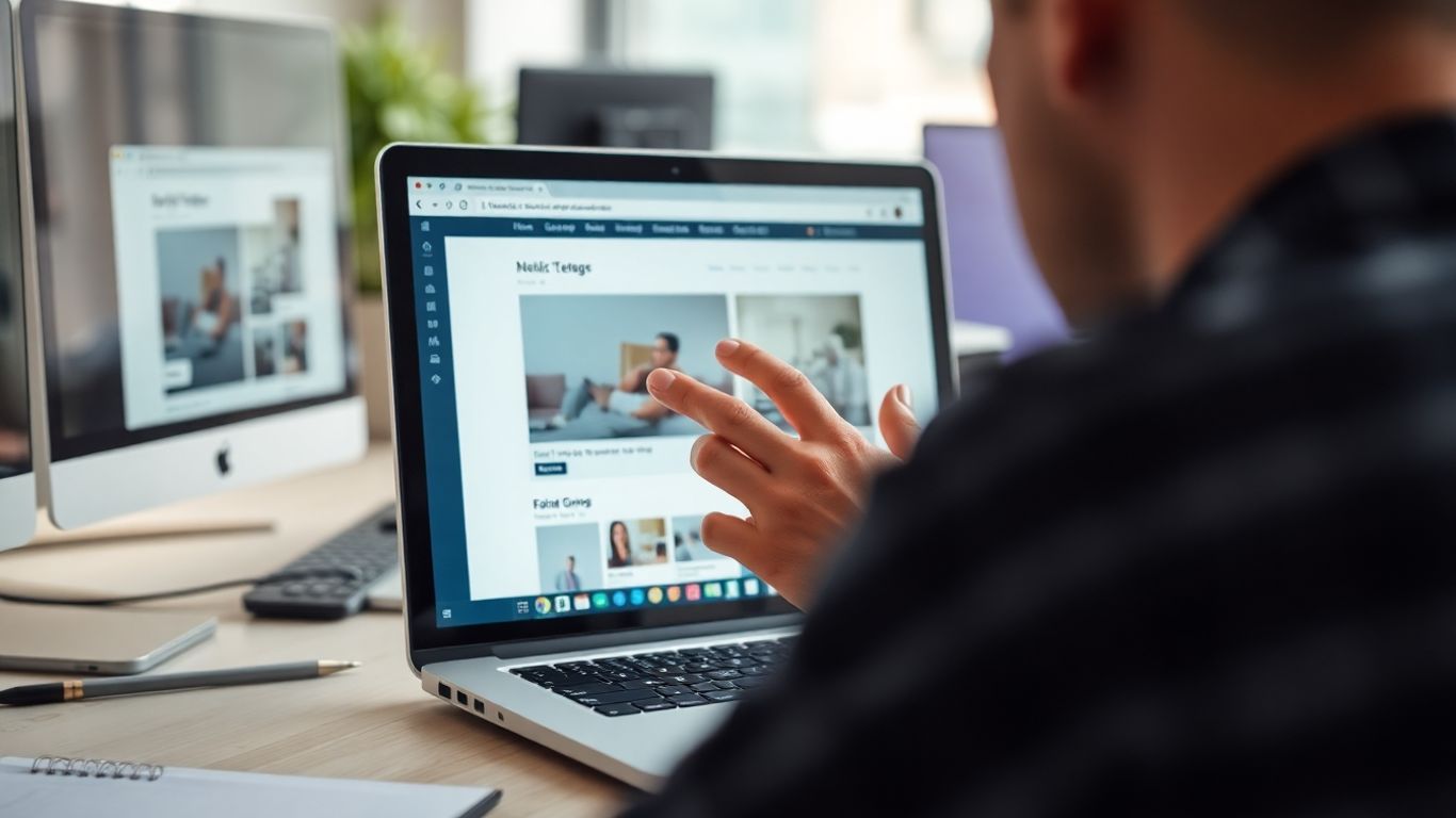 Person analyzing website on laptop in modern workspace