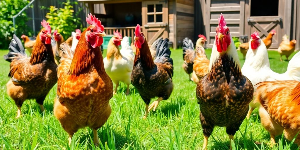 Colorful chickens in a sunny backyard with a coop.
