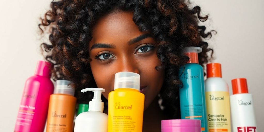 Close-up of styled biracial hair with hair products.