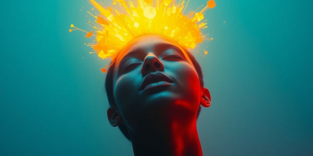 Person finding calm amidst swirling colors.