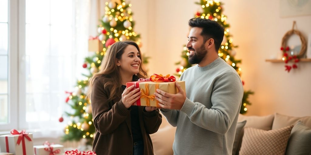 Couple exchanging gifts in a cozy Christmas setting.