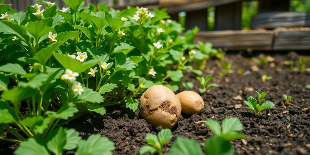 Bloeiende aardappelplanten in moestuin met rijke oogst