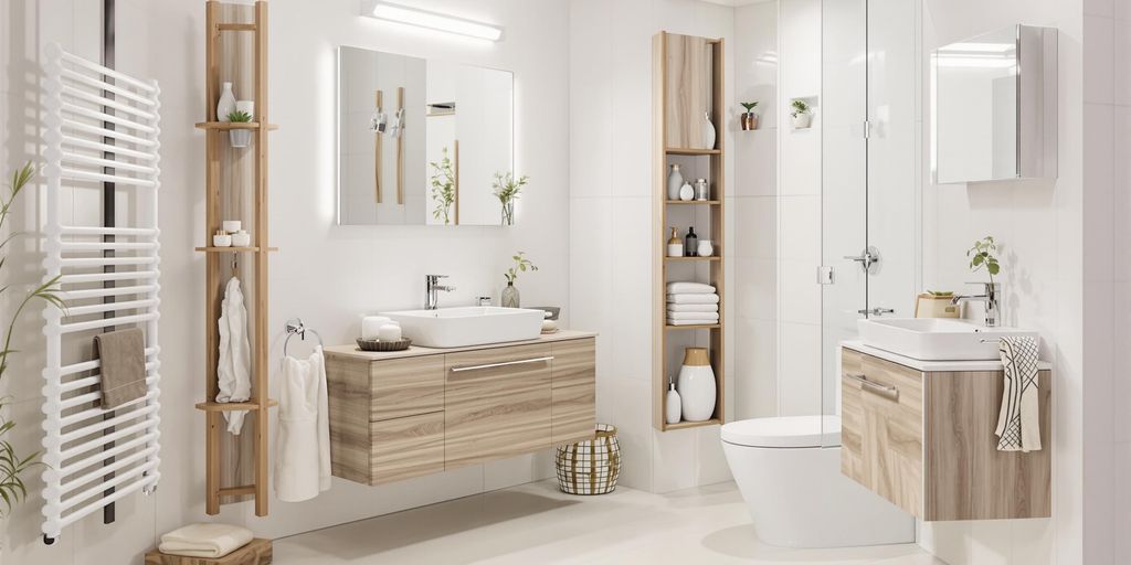 Modern small bathroom with smart storage and bright lighting.
