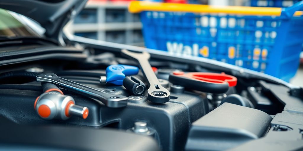 Car engine, tools, and a Walmart cart.