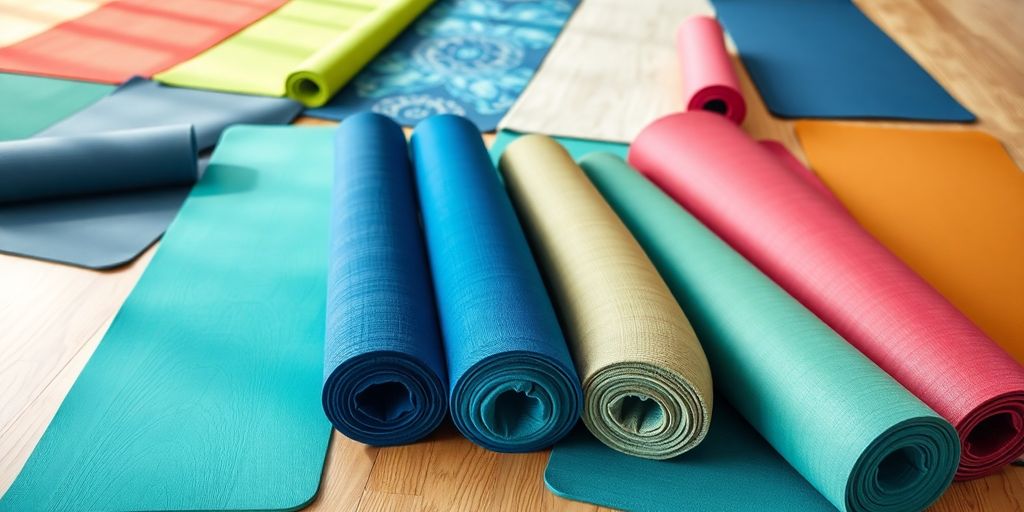 Colorful yoga mats displayed on a wooden floor.