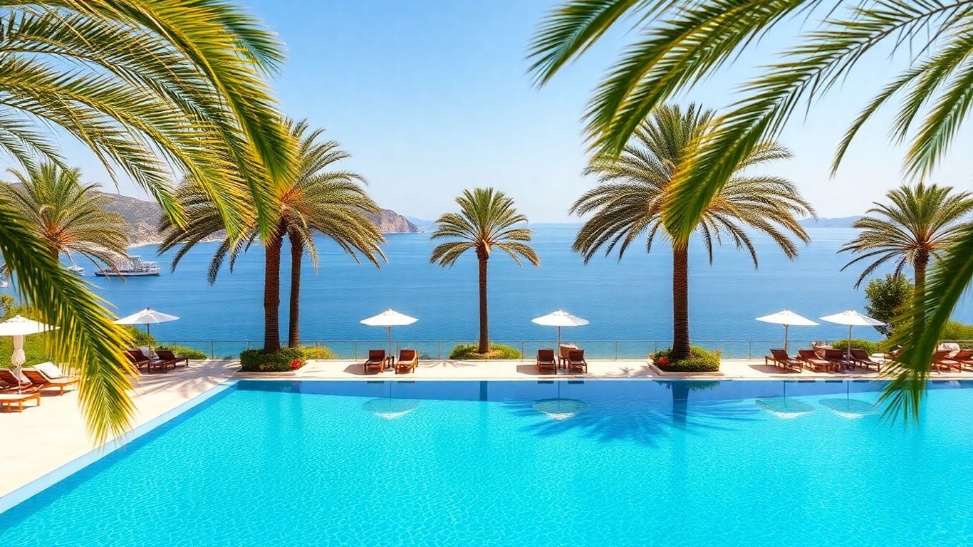 Infinity pool overlooking Mediterranean bay with loungers and palm trees.