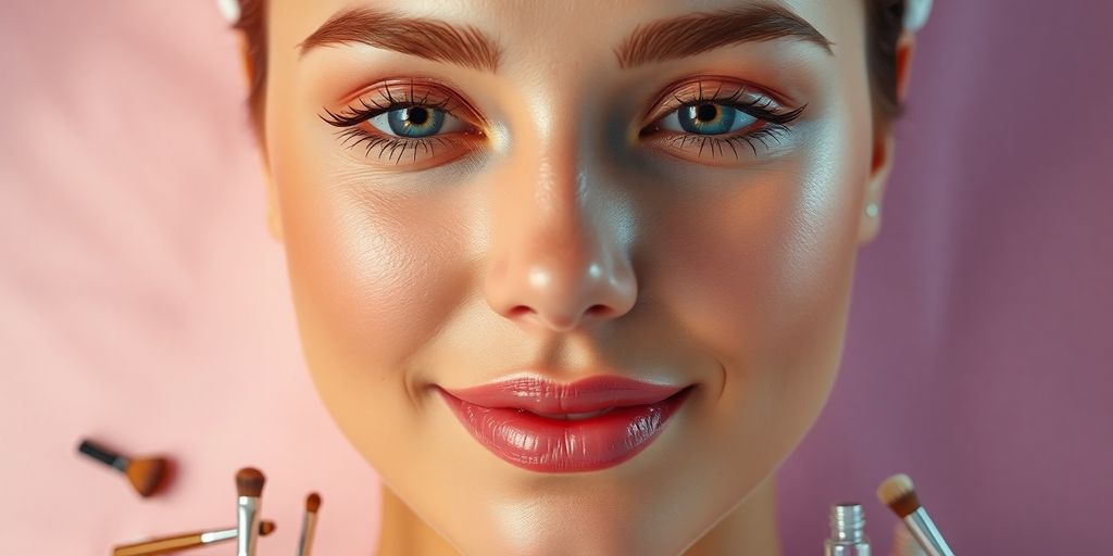 Glowing face, beauty tools, vibrant colors.
