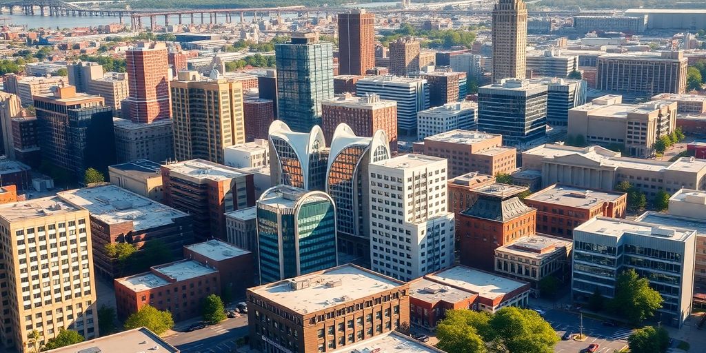 New Jersey skyline with diverse commercial buildings.