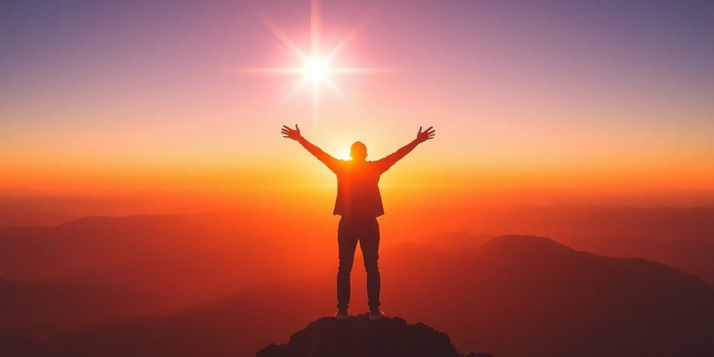 Person reaching for star on mountain.