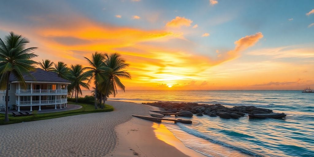 Beachfront property in Phuket with palm trees and sunset.