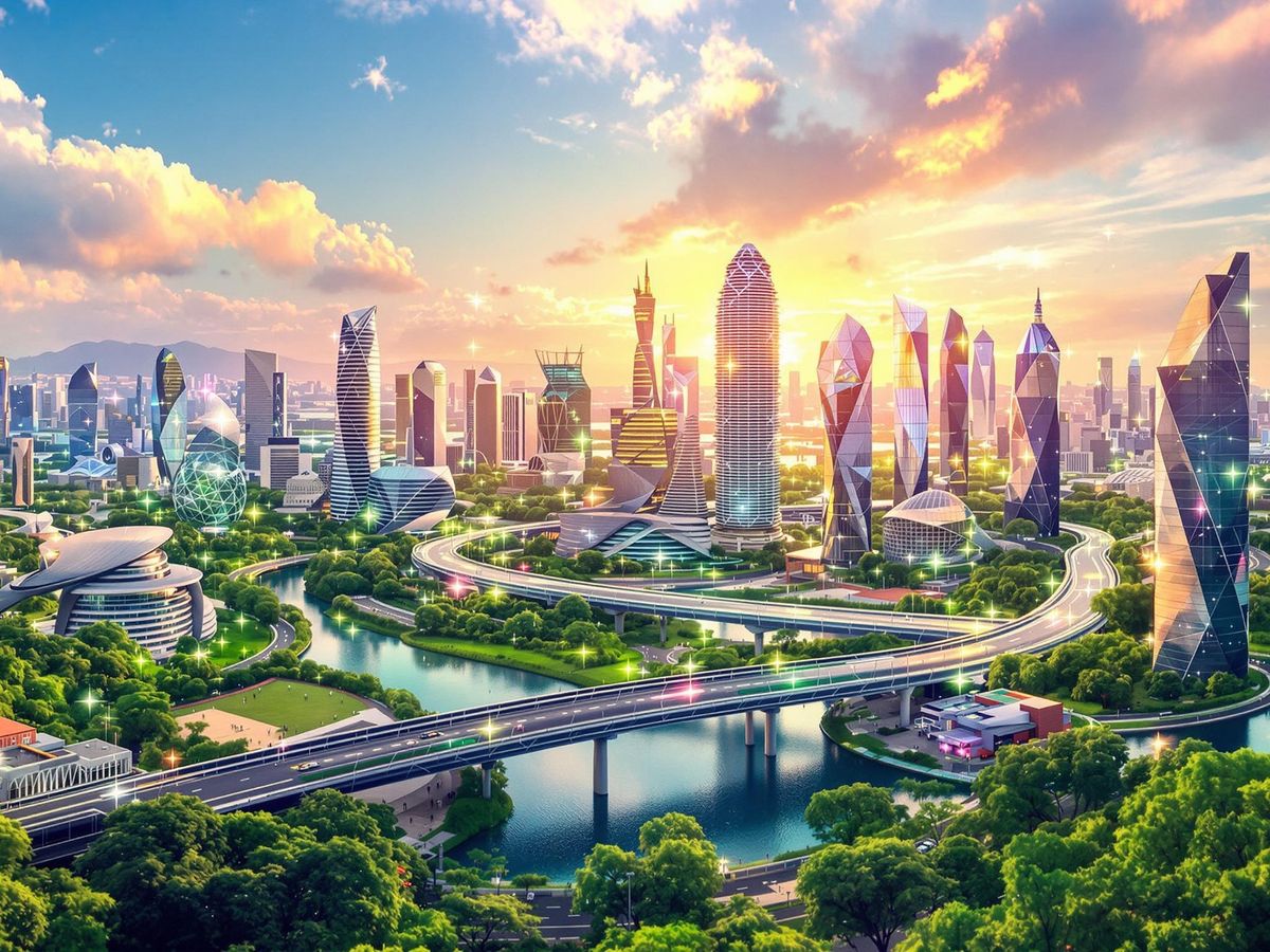 Futuristic cityscape with interconnected blockchain nodes and bridges.
