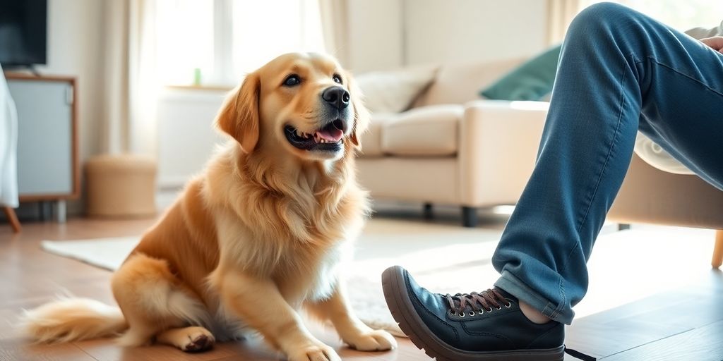 Calm dog resting near owner in Sydney home.