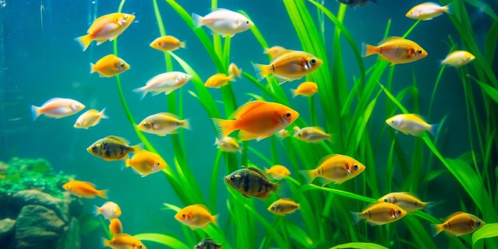 Makukulay na isdang tubig-tabang na lumalangoy sa masiglang mga aquatic na halaman.