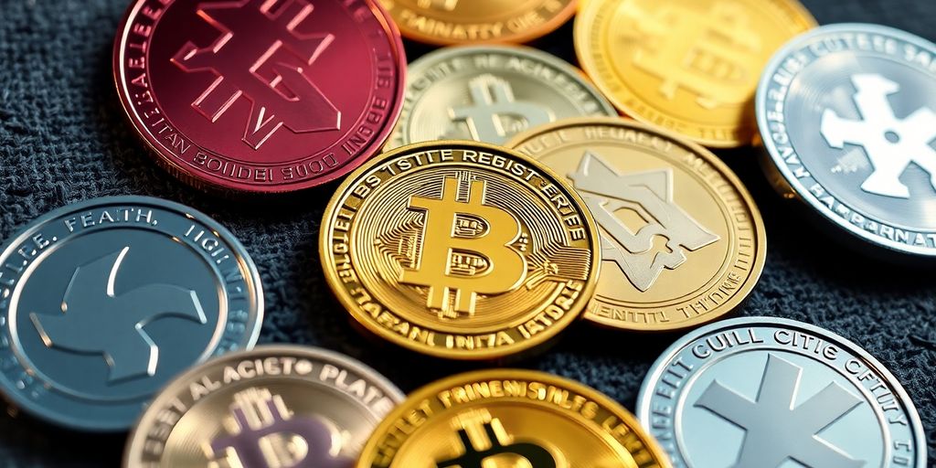 Which Crypto To Buy Today for Long-Term Haul? 4 Close-up of various cryptocurrencies on a textured surface.