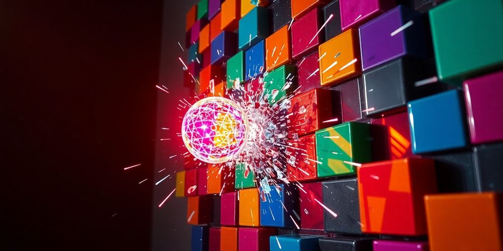 Vibrant digital bricks shattering, dynamic energy bursts, focused gameplay.