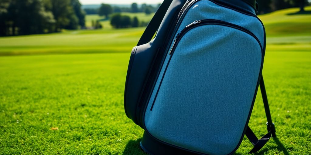 Modern golf bag on a lush green course.