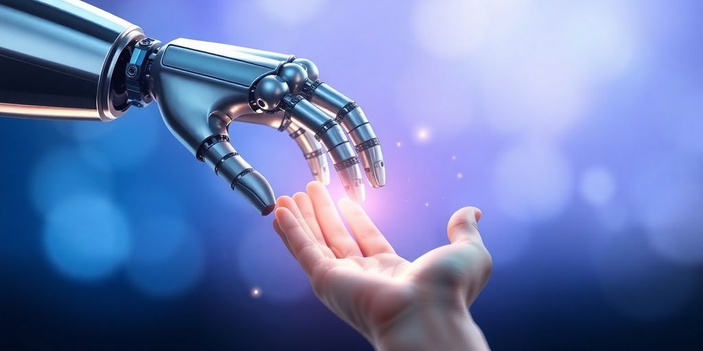 Robot hand, human hand, glowing light.