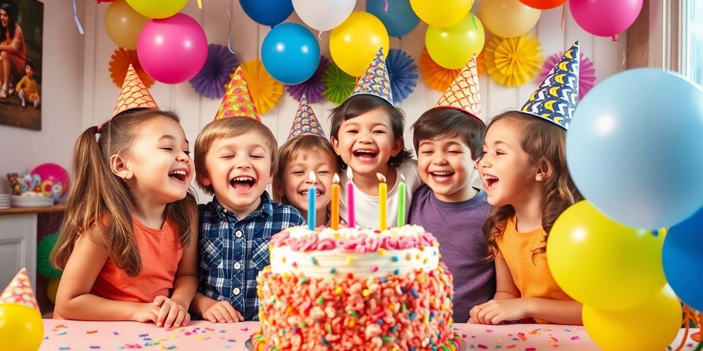 Children celebrating a birthday with balloons and cake.