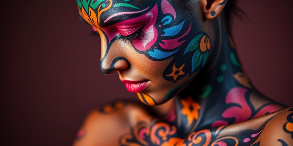 Close-up of colorful body art on a model.