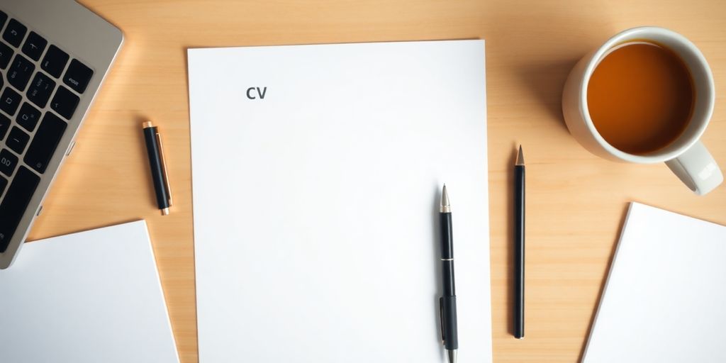 Well-designed CV on a desk with a pen and coffee.