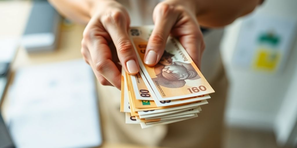 O persoană calculând bani cu un laptop.