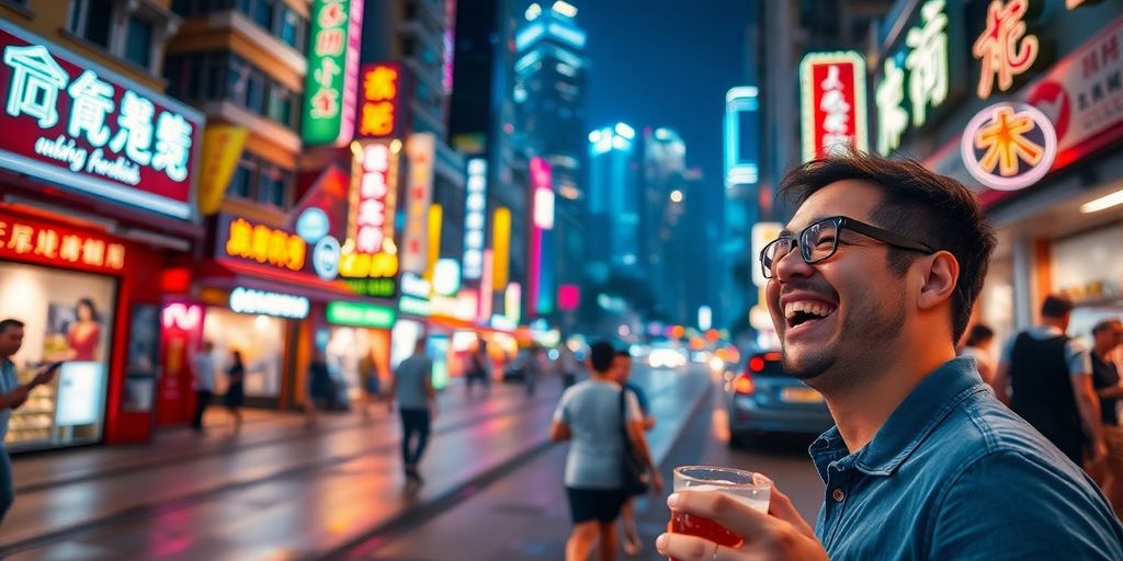 Neon-lit Hong Kong street scene, expat enjoying nightlife.