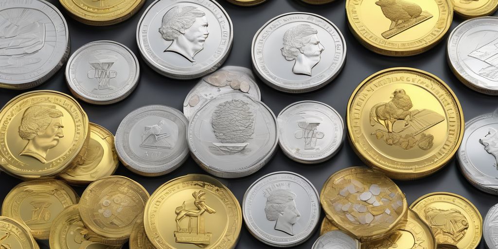 gold and silver coins with declining fiat currency background