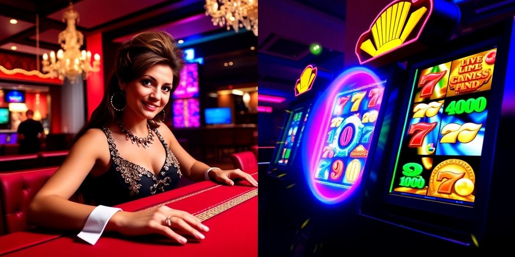 Live casino dealer and online slot machine side-by-side.