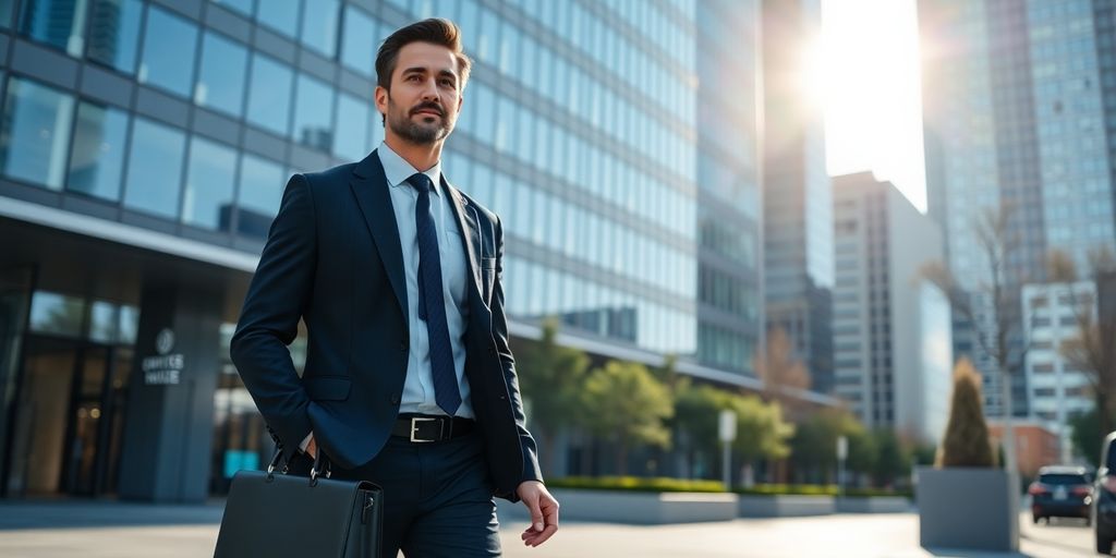 Real estate broker walking towards office building.