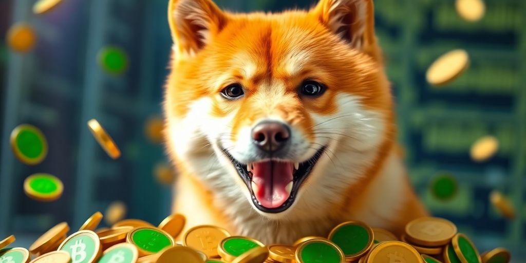 Shiba Inu with Dogecoin coins in a playful setting.