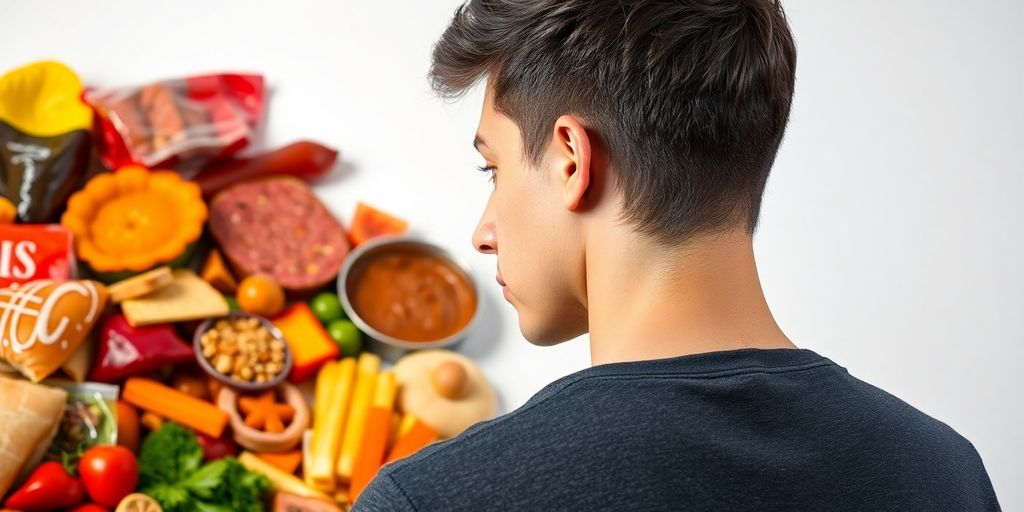 Person resisting a pile of colorful junk food with a determined expression.