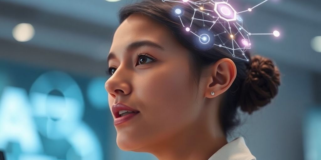 Person interacting with glowing AI interface.