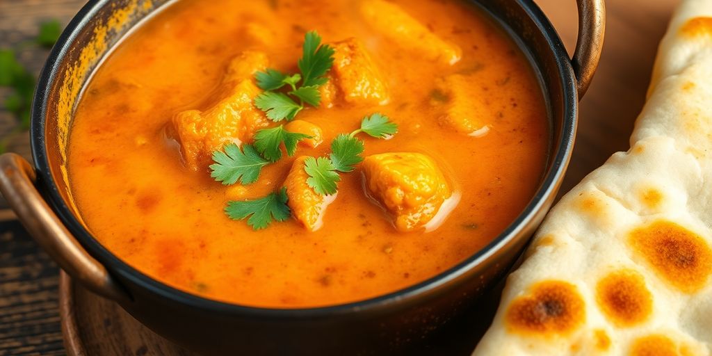 A steaming bowl of Indian curry with naan bread.