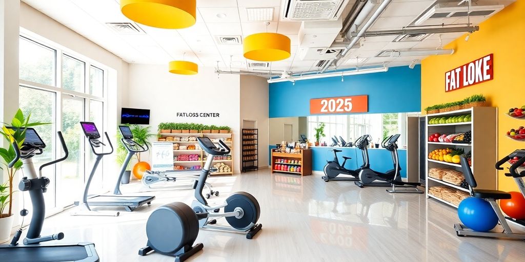 Modern fat loss center with fitness equipment and healthy food.