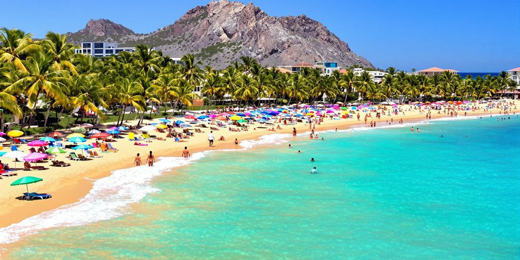 Vibrant beach scene at Playa Grande, Cabo in 2025.