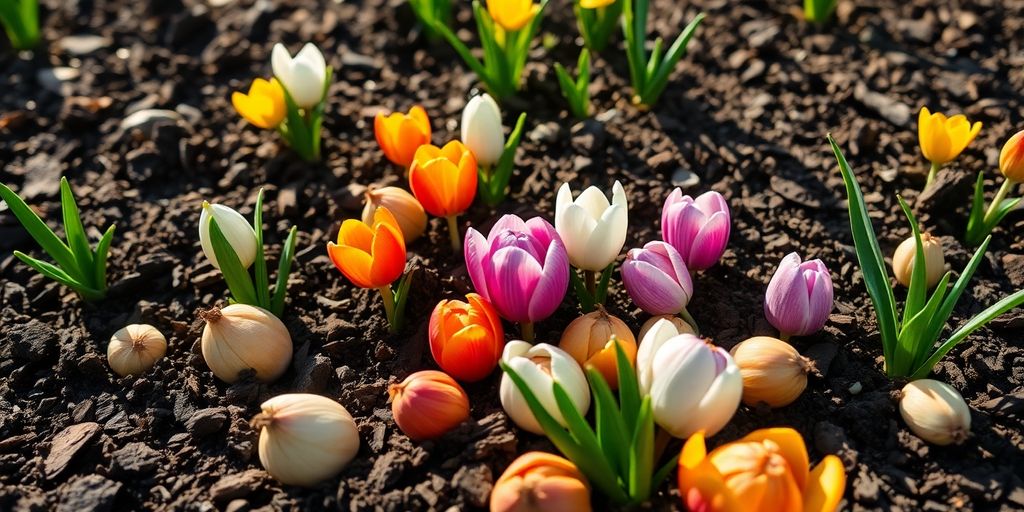 Bunte Frühlingsblumen Zwiebeln im Boden.