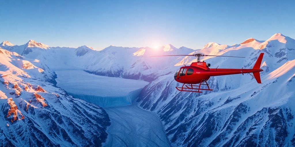 A red helicopter flies over a massive Alaskan glacier.