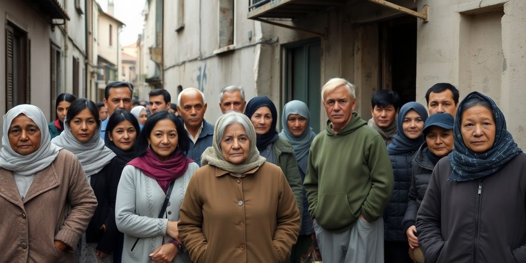 Personnes diverses dans un quartier défavorisé français.