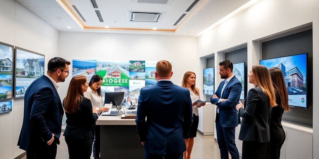 Real estate agents interacting with clients in a modern office.