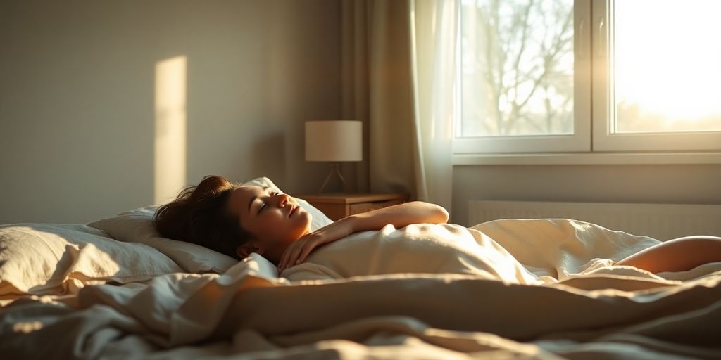 Person sleeping peacefully in a sunlit bedroom.