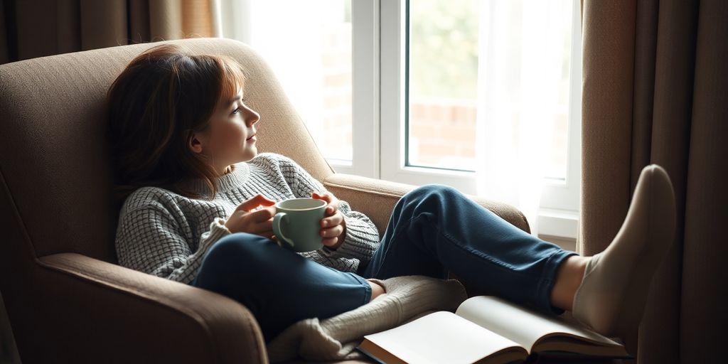 Person relaxing with warm tea and a book.
