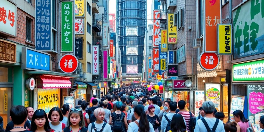 Colourful street scene in Harajuku, Tokyo, bustling with youth.